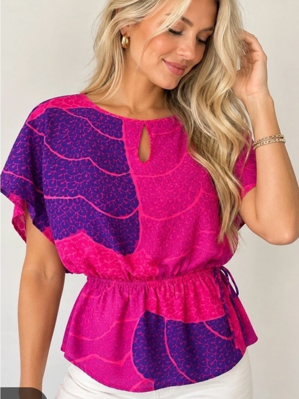 Trina Turk 100% Silk Fuchsia & Purple Keyhole Peplum Blouse